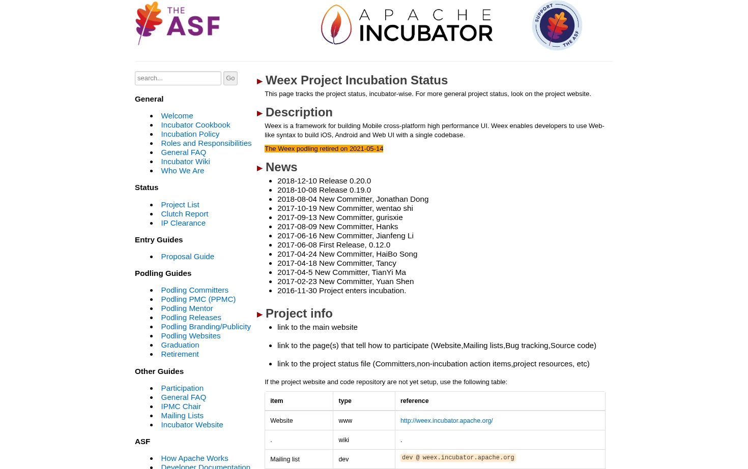 Weex Incubation Status 页面快照